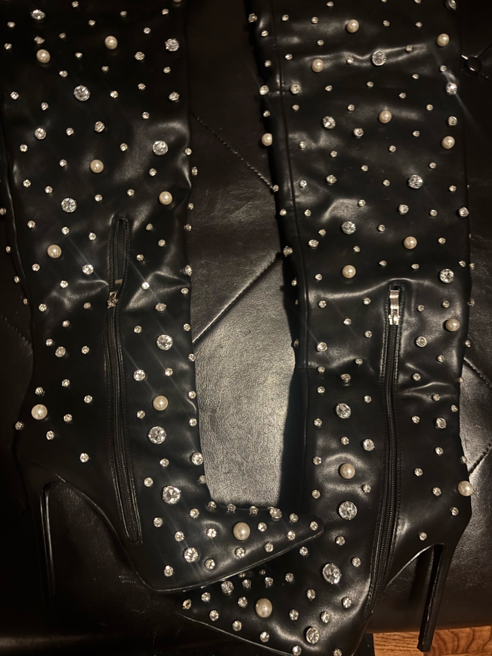 Black Faux Leather Boots with Pearl & Rhinestone Embellishments